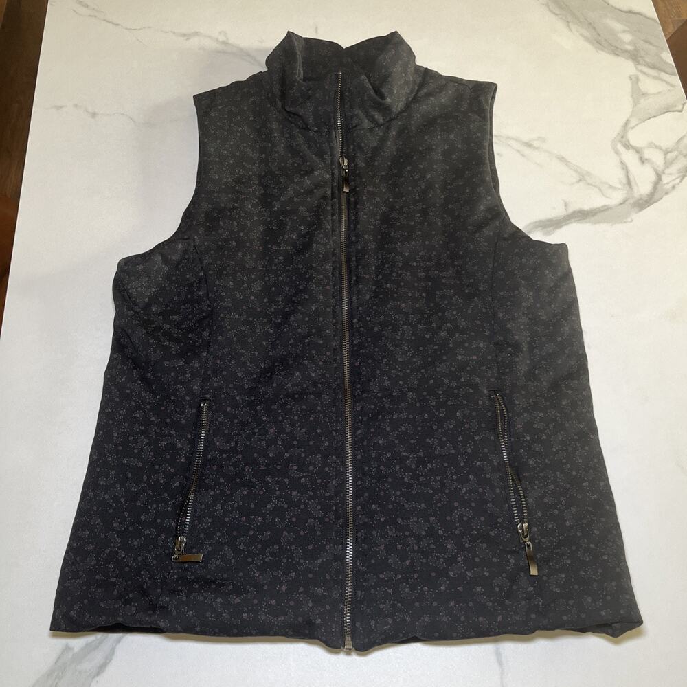 Lemon Tart Vest Black Floral All Over Print Full Zip Lined Pockets Womens L EUC